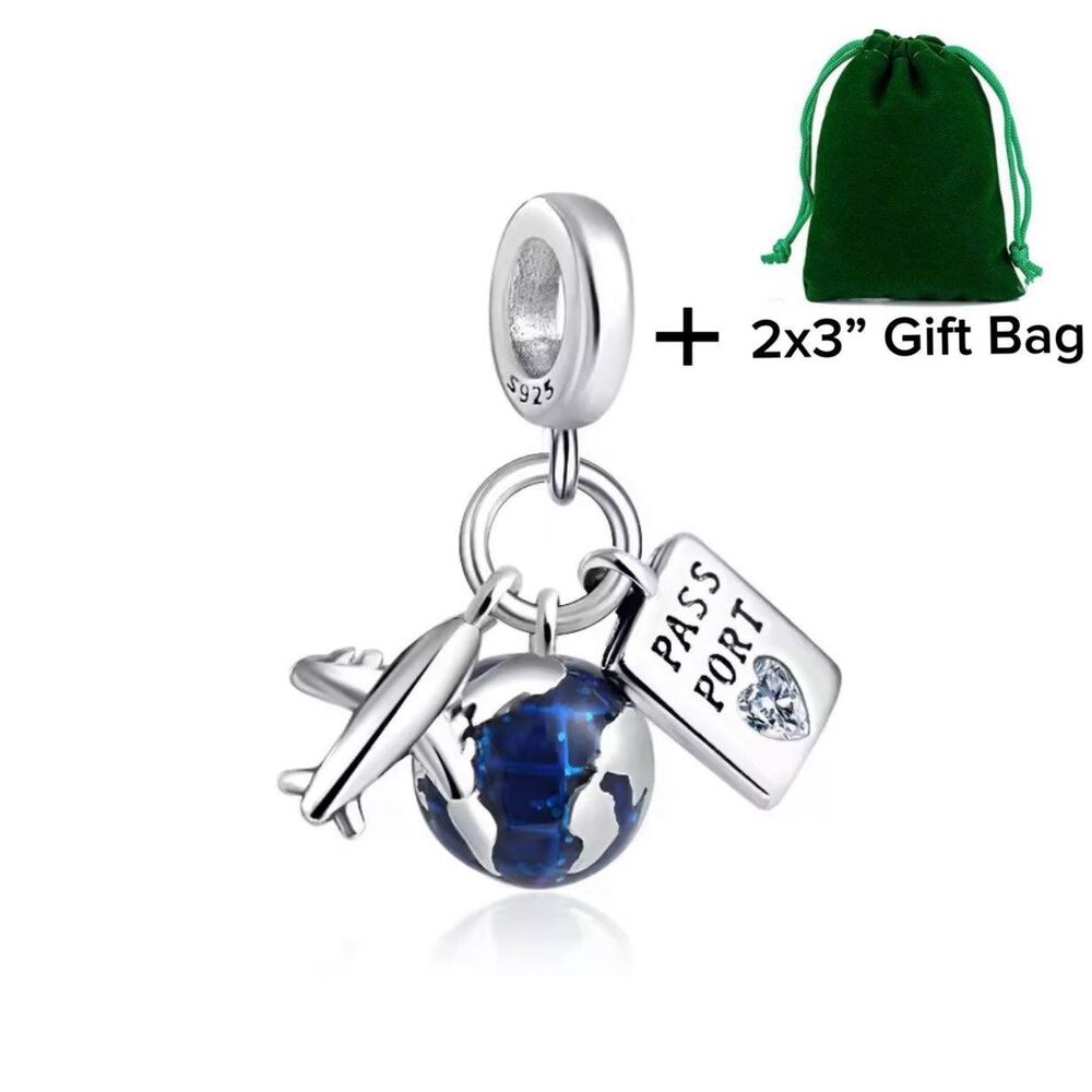 Travel Passport, Airplane, Earth Dangle Charm | 925 Silver | Brand New